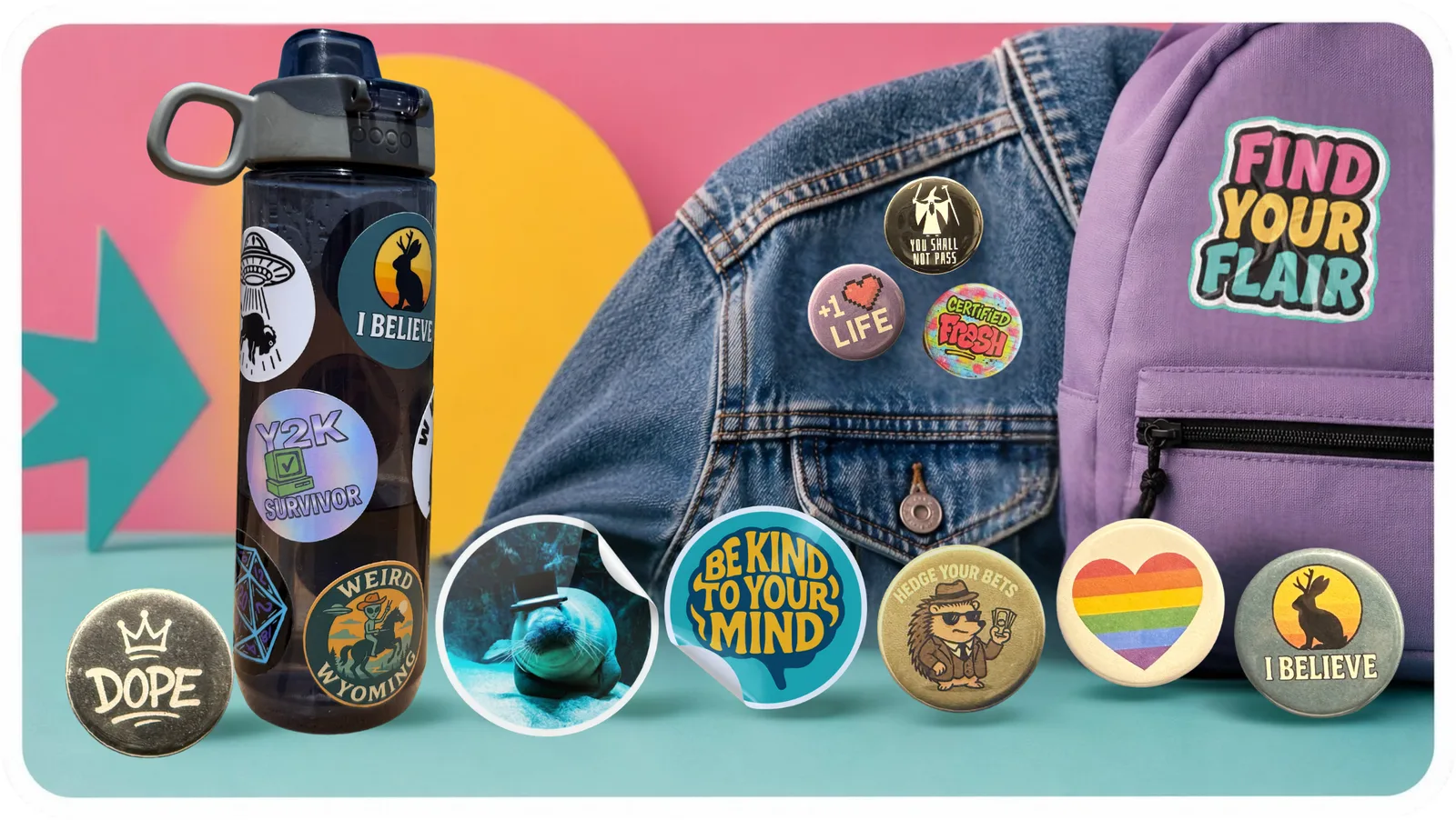 Find Your Flair pins and stickers on a water bottle, denim jacket, and backpack